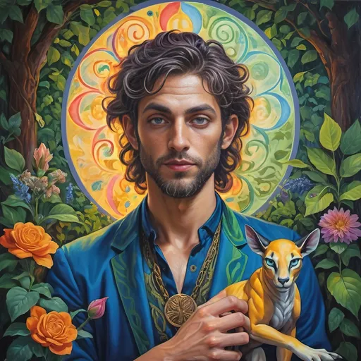 Prompt: (August portrait masterpiece) of a magician satyr, (Renaissance art style), vibrant hues, ethereal lighting, featuring the open eye symbol, honoring Horus and Nuit, mystique serpent transformation qualities, lush Arcadian landscape with rich foliage, intricate glasswork details, reverent atmosphere, dreamlike ambiance, historically accurate attire, reminiscent of classical paintings, (ultra-detailed) composition showcasing magical elements and divine worship intertwined.