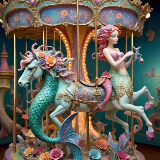 Prompt: (whimsical mermaid statue), riding a vibrant carousel, delicate carousel horse in the background, fantastical colors and intricate details, (surrealist elements), (Daniel Merriam style), playful atmosphere, dreamy ambiance, intricate metalwork, adorned with vibrant flowers, enchanting lighting with soft pastel shades, (ultra-detailed), (pop surrealism influence), imaginative composition, enchanting whimsical scene.