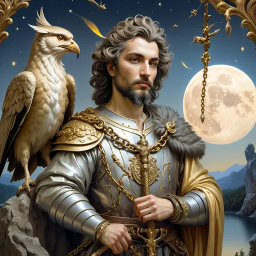 Prompt: (breathtaking baroque painting), two warriors (draped in metal and chains), adorned with furs and diamonds, standing majestically on a cliff, gazing over a tranquil lake at night, illuminated by a (brilliant full moon) honoring Nuit, surrounded by countless fireflies, enveloped in a (mystical and esoteric ambiance), detailed textures, rich colors, dramatic contrasts, (ultra-detailed) artistry capturing the essence of wonders.