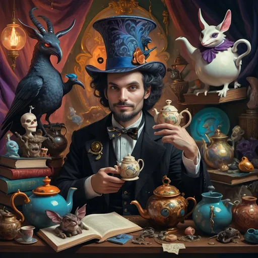 Prompt: (vibrant psychedelic still life), portrait of a magician jack-in-the-box man, surrounded by whimsical teapots and enchanting magical items, coming to life, playful ambiance, lively colors, an open book in front of him, surrealistic elements, dreamlike atmosphere, richly detailed background, (spectacular color gradients), ultra-detailed, eye-catching composition, high-quality artwork.