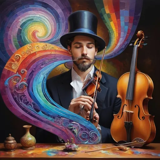 Prompt: art nouveau style, (vibrant colors), painting of a man playing violin, intricate items surrounding him, complex rainbow swirl background, (emotion of harmony and creativity), surreal depiction of sound waves as colors, rhythmic patterns, expressive facial features, ethereal ambiance, whimsical elements, (HD), highly detailed masterpiece.