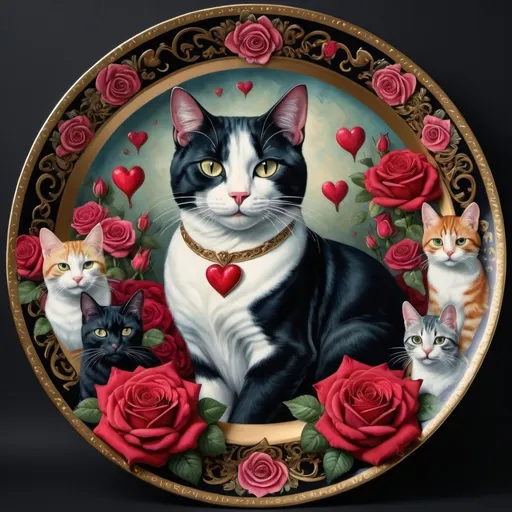 Prompt: (ultrafine detailed painting) queen of hearts, surrounded by (graceful cats), (lush roses), and roses elegantly arranged on a decorative plate with a playful cat on it, (gothic art style), vibrant colors blending into intricate patterns, moody and enchanting atmosphere, high-definition, showcasing romanticism and rich textures in a visually stunning digital masterpiece.