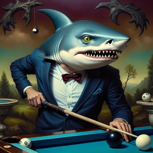 Prompt: (shark in a suit, playing pool), fine art, (pop surrealism) influences, classical painting style, whimsical atmosphere, (detailed textures), vibrant color tones, deep blues and greens, mixed with rich burgundies, engaging composition, pool cues and balls (surreal twist), intricately painted background with elements of artistry, 4K quality, (evocative mood), inspired by 7 Wonders Art Glass Studio, honoring Nuit.