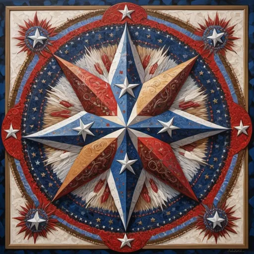 Prompt: (detailed painting), (symbolic star), vibrant colors of the United States, intricate symbols representing America, rich textures, depth in colors, blend of traditional and modern regionalism themes, expressing unity and diversity, profound visual storytelling, captures the essence of American identity, ultra-detailed, a masterpiece celebrating the spirit of the nation.