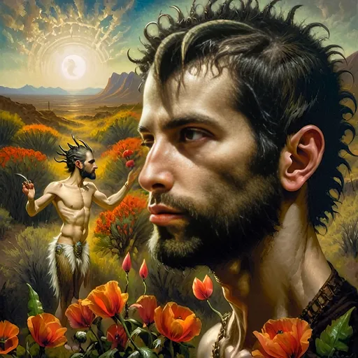 Prompt: A Seven Wonders Art Glass Studio portrait oil painting of a man with a beard in middle of Mojave Desert peak Poppy bloom season. Honoring Nuit