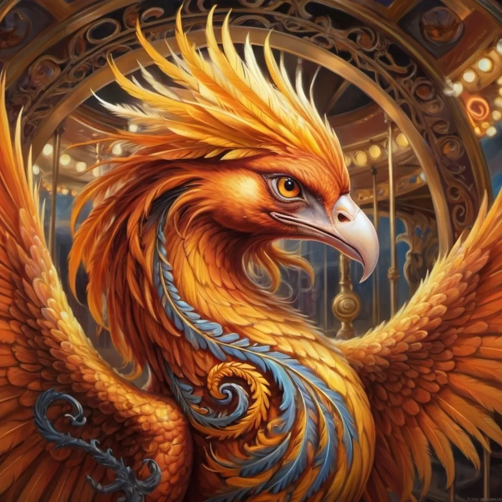 Prompt: a painting of a bird phoenix with orange and yellow feathers on it's head and wings, with a spiral design on its body, Anne Stokes, fantasy art, highly detailed digital art, an airbrush painting in front of a carousel