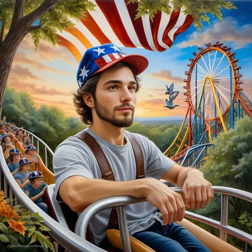 Prompt: A masterpiece painting by A Seven Wonders Art Glass Studio, (vibrant colors), depicting a man in a (patriotic hat) riding the (Freedom rollercoaster) in D.C.’s (new amusement park) named Freedom Park. The background features (dynamic amusement park rides), (lush greenery), and the spirit of (freedom) runs throughout. A symbolic homage to Nuit, with a (breathtaking sky) above, featuring (warm light) detailing and a victorious atmosphere, encapsulated in (ultra-detailed) art.