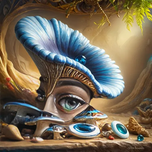 Prompt: (7 Wonders Art Glass Studio masterpiece oil painting), a magical mushroom, blue shell, blue eye (Eye of Horus), enchanting atmosphere, vibrant colors, surreal details, whimsical elements, mystical background, soft lighting, HD resolution, captivating composition, dreamlike surroundings, colorful expression, intricate textures, nature-inspired themes, rich artistic depth, alive with creativity.