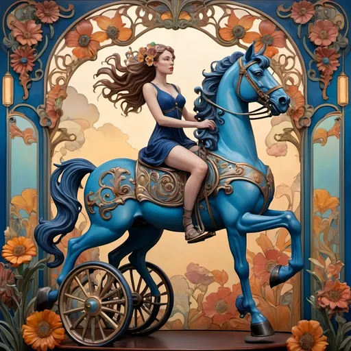 Prompt: Carousel of Diversity, (art nouveau style), (vibrant color scheme), a woman in a wheelchair joyously riding a beautifully crafted carousel with ornate horses, (blue flower in her hair), (Caroline Chariot-Dayez), figurative art, dystopian elements blending with art deco sculpture, whimsical yet haunting ambiance, richly detailed background with whimsical flowers and muted sky illuminating with warm tones, (ultra-detailed).