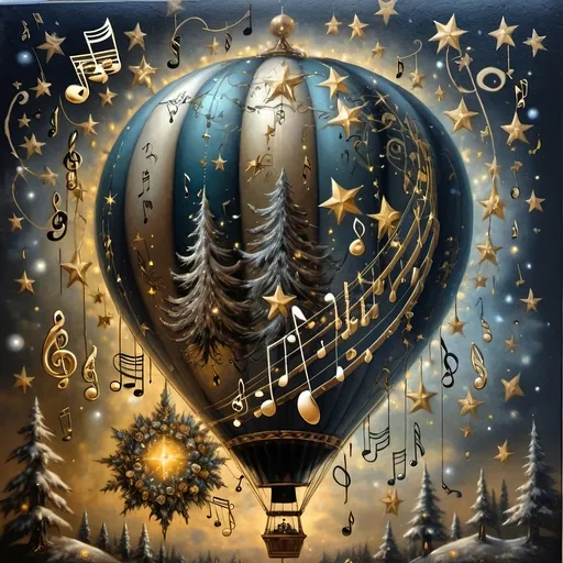 Prompt: a 7 Wonders Art Glass Studio painting of a hot air balloon encompassing the Art Of Music in Humanity with music notes on it's side and a star in the background, artist, analytical art, whimsical, a detailed Renaissance oil painting honoring Nuit