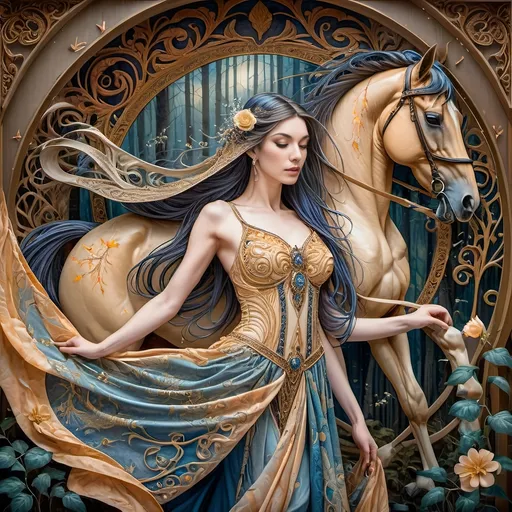 Prompt: A Seven Winders Art Glass Studio exquisite oil Renaissance and Art Nouveu painting of a horse in a forest with swirls and trees in the background and a swirly tree, Amanda Sage, fantasy art, intricate oil painting, an airbrush painting