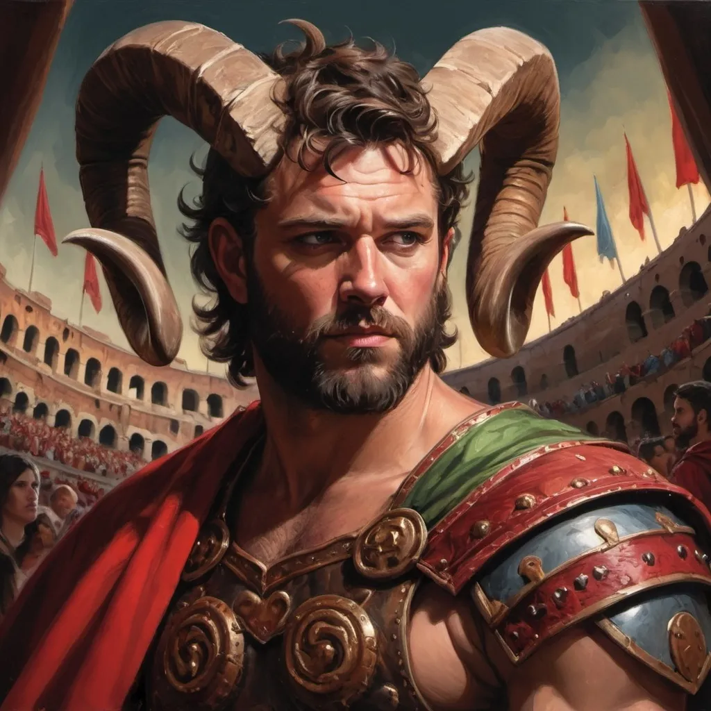 Prompt: a painting of a man with horns and a beard wearing a costume with a red cape and a red cape, Clint Cearley, fantasy art, epic fantasy character art, a fine art painting.  Spectators watching in the colosseum seats.