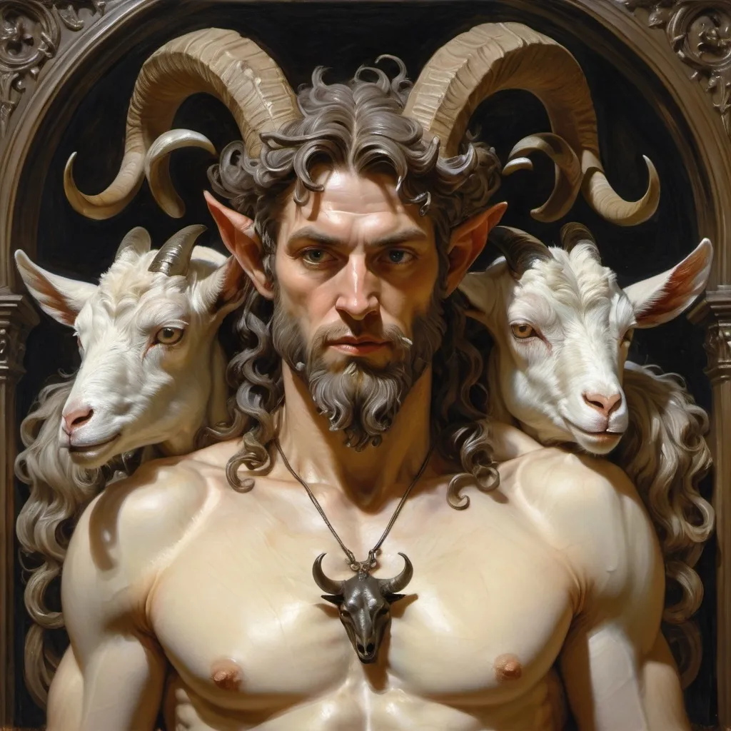 Prompt: a statue of a man satyr with horns and a goat's head on his chest and a goat's head on his chest, Donato Giancola, gothic art, highly detailed oil painting, a bronze sculpture