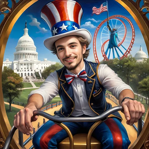 Prompt: (A Seven Wonders Art Glass Studio masterpiece) painting of a man wearing a patriotic hat, (thrilling pose) riding the Freedom rollercoaster, (vibrant colors), scenic background of Freedom Park in D.C., (dynamic movement), celebrating freedom, eternal spark of joy, whimsical ambiance, soft warm lighting, highly detailed, clarity, engaging and joyful atmosphere, surrounded by delighted visitors, landmarks in the distance.