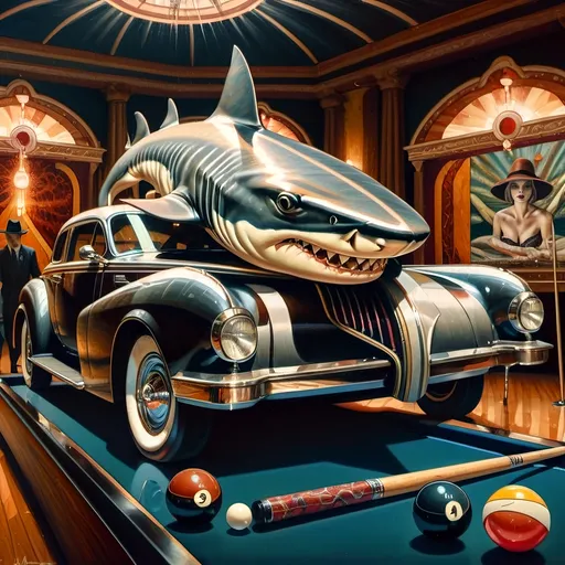 Prompt: a shark in a suit playing pool with a pool cueil and a pool ball in front of him, F. Scott Hess, pop surrealism, classical painting, a fine art painting y 7 Wonders Art Glass Studio honoring Nuit