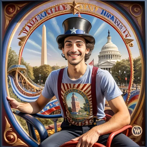 Prompt: A (masterful) Seven Wonders Art Glass Studio painting, depicting a (charming) magician man in a (patriotic) top hat, joyfully riding a rollercoaster in Liberty Park, featuring vibrant colors and whimsical elements, with a prominent Washington Monument in the background, intricately integrated with the phrase (accurately spelled text "Yankee Doodle"), all while encapsulating the theme of (honoring Nuit and the Aeon of Horus), ultra-detailed, colorful and dynamic atmosphere.