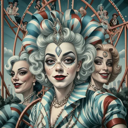 Prompt: (A stunning oil masterpiece) of a group of drag queens in (fancy clothing), joyfully riding the Nation’s New drag queen roller coaster in Liberty Park, vibrant colors and dazzling details, dramatic expressions of excitement, adorned with shimmering accessories, against a whimsical background filled with a Ferris Wheel of Drag Queens, honoring Nuit, surrounded by local attractions, (highly detailed, ultra-realistic).