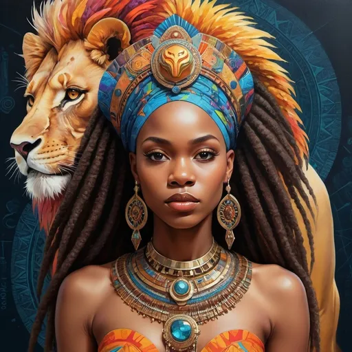 Prompt: (Chinwe Chukwuogo-Roy inspired), highly detailed digital painting, afrofuturism elements, a woman wearing an ornate headpiece, a majestic lion juxtaposed with her face, vibrant colors blending harmoniously, intricate patterns in the background, a detailed map of Africa framed behind, ethereal ambiance, captivating and symbolic, ultra-detailed, fine art masterpiece, evocative and sophisticated atmosphere.