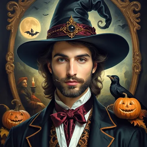 Prompt: (honoring Nuit), captivating handsome man magician with an elegant beard, wearing a pointed witch hat, (renaissance baroque painting style), facial features highlighted in detail, dark mystical background that enhances the allure, rich deep colors creating dramatic contrast, elements of Halloween celebration subtly interwoven, inviting an atmosphere of enchantment and mystery, ultra-detailed, a captivating masterpiece.