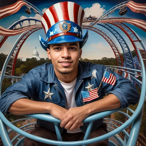 Prompt: A Seven Wonders Art Glass Studio masterpiece painting of a man in a patriotic hat riding Freedom rollercoaster in D. C.’s new amusement park named Freedom Park.  Honoring Nuit.