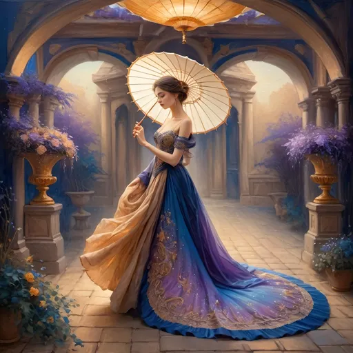 Prompt: (oil painting), (exquisite craftsmanship), woman in a flowing dress, elegant pose, holding a vibrant, intricately detailed parasol, inspired by Nuit, celestial themes, rich blues and purples, subtle glimmers of stars, warm golden light casting soft shadows, dreamy atmosphere, art radiating grace and beauty, ultra-detailed, 4K quality, timeless and captivating.