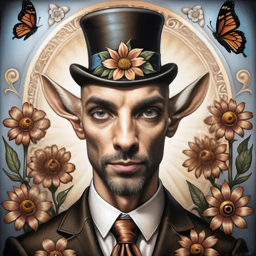 Prompt: A Seven Wonders Art Glass Studio oil masterpiece painting of a goat with a top hat and flowers on its head and a butterfly honoring Nuit.  Commissioned Spring Equinox 1467 Renaissance pop surrealism, pj crook, a detailed painting