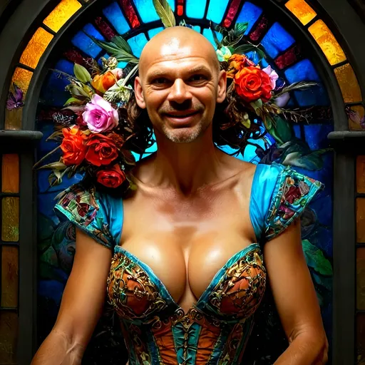 Prompt: a woman with a colorful dress and flowers in her hair and a stained glass window behind her is a stained glass window, David LaChapelle, rococo, promotional image, a character portrait