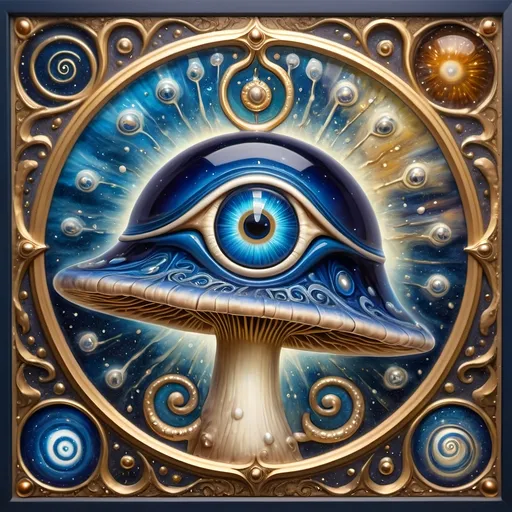 Prompt: (7 Wonders Art Glass Studio masterpiece), oil painting, (honoring Nuit), magical mushroom, blue shell, blue eye (Eye of Horus), vibrant colors, dreamy atmosphere, intricate details, mystical background with swirling galaxies, ethereal glow illuminating the mushroom, (ultra-detailed), high quality, enchanting and enchanting ambiance.