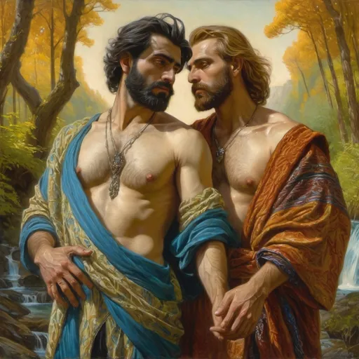 Prompt: a painting of two men in a forest with a waterfall in the background and a man with a beard, Donato Giancola, qajar art, classical painting, a painting