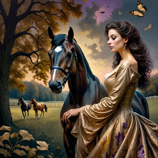 Prompt: (Honoring Nuit), highly detailed oil painting, thoroughbred horse, elegant posture, lush Kentucky farm, evening dusk setting, warm and vibrant hues, soft golden light reflecting off the horse’s coat, scenic rolling hills in the background, tranquil ambiance, serene atmosphere, ultra-detailed, masterpiece quality, evocative emotional tone, captivating and luminous sky blending soft pinks and deep purples, harmonious nature scene.