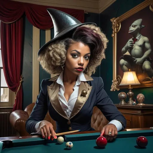 Prompt: (shark in a suit, playing pool), fine art, (pop surrealism) influences, classical painting style, whimsical atmosphere, (detailed textures), vibrant color tones, deep blues and greens, mixed with rich burgundies, engaging composition, pool cues and balls (surreal twist), intricately painted background with elements of artistry, 4K quality, (evocative mood), inspired by 7 Wonders Art Glass Studio, honoring Nuit.