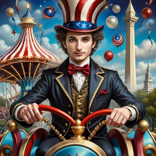 Prompt: (Acrylic painting of a magician man), wearing a (patriotic top hat), joyfully riding a (whimsical rollercoaster) in Liberty Park, with (HD details), vibrant colors, and enchanting motifs. The scene features the (Washington Monument) in the background, as well as the phrase (accurately spelled text "Yankee Doodle"). An aura of celebration and magic surrounds the image, honoring Nuit and the Aeon of Horus.