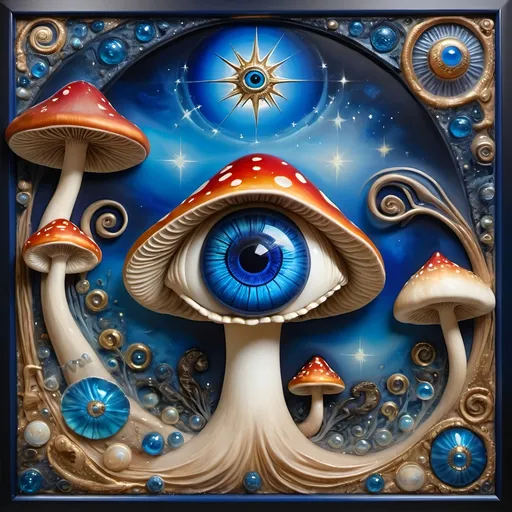 Prompt: (7 Wonders Art Glass Studio masterpiece), oil painting, (honoring Nuit), magical mushroom, (vibrant blue shell), (striking blue eye), Eye of Horus, rich textures, dreamy atmosphere, whimsical background, stars and cosmic elements, (ethereal lighting), enchanting details, high-quality, ultra-detailed composition, surreal and imaginative style.