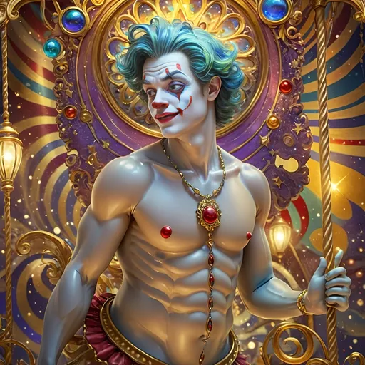 Prompt: (7 Wonders Art Glass Studio) Masterpiece painting of a magical clown genie with a surprised look on his face riding a carousel.  Paying homage to Nuit.