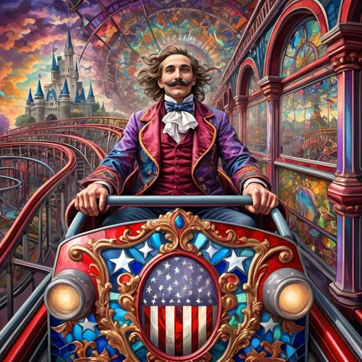 Prompt: (psychedelic art style), magicians riding a roller coaster, vibrant color scheme, whimsical atmosphere, capturing surprise photos,  intricate fine details, amusement park titled "Liberty Park" in D.C., stunning stained glass coaster, fantastical clouds floating, kaleidoscopic visuals, surreal happiness, exciting energy, high contrast colors, ultra-detailed, dreamlike scenery, bountiful whimsy, inviting yet thrilling ambiance.