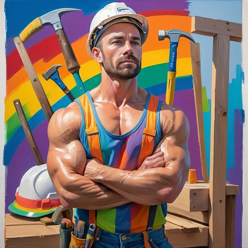 Prompt: (vibrant rainbow background), (a portrait detailed painting), gay male construction worker, (muscular physique), (hard hat) worn confidently, holding (tools) in hand, (arms crossed) assertively, inspired by Fauvist style with bold colors and emotional expression, dynamic brushstrokes, high-definition, ultra-detailed masterpiece capturing both strength and pride, immersive atmosphere that celebrates identity and artistry.