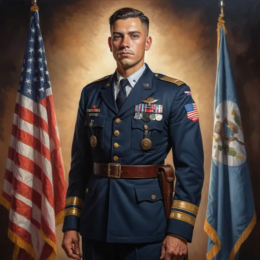 Prompt: (painting of a man in uniform), (full body portrait), (Adrian Zingg style), (American realism), vibrant colors blending seamlessly, flags of diverse heritage draping the backdrop, a strong yet thoughtful expression, the atmosphere radiating pride and unity, intricate details capturing the essence of the uniforms, enhancing emotional depth, softly illuminated with warm lighting, ultra-detailed 4K quality.