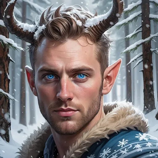 Prompt: a man with horns and blue eyes in a snowy forest with fir trees and snowflakes on his face, Evan Charlton, fantasy art, epic fantasy character art, a character portrait