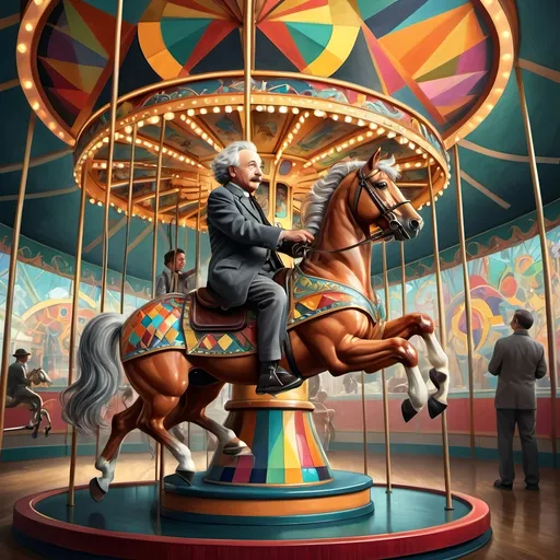 Prompt: Carousel of Science, (vibrant art deco style), (highly detailed) digital painting, Albert Einstein on a carousel, horse riding in front, intricate chalkboard in the background, colorful geometric patterns, dynamic composition, sharp lines, depth in shadows and highlights, ultra-fine details, captivating atmosphere, visually striking, evoking curiosity and wonder, HD quality.