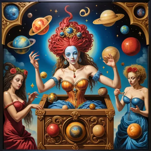 Prompt: (Renaissance oil painting), a stunning masterpiece capturing the essence of the Goddess Nuit, a whimsical Jack-in-the-Box emerging in ornate attire, sewing the seeds of the universe, planets swirling around, vibrant cosmic colors illuminating the canvas, intricate details, rich textures, playful yet profound ambiance, 4K ultra-detailed, an extraordinary blend of mythology and creativity celebrating the act of creation in a mystical setting.