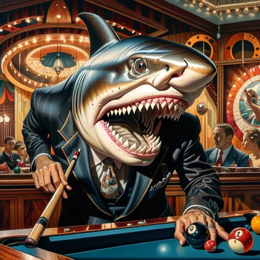 Prompt: a shark in a suit playing pool with a pool cueil and a pool ball in front of him, F. Scott Hess, pop surrealism, classical painting, a fine art painting y 7 Wonders Art Glass Studio honoring Nuit