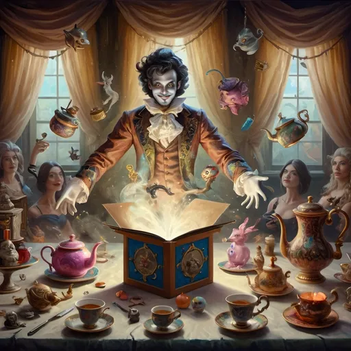 Prompt: (vibrant psychedelic still life), portrait of a magician jack-in-the-box man, surrounded by whimsical teapots and enchanting magical items, coming to life, playful ambiance, lively colors, an open book in front of him, surrealistic elements, dreamlike atmosphere, richly detailed background, (spectacular color gradients), ultra-detailed, eye-catching composition, high-quality artwork.