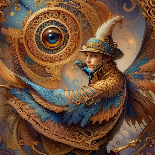 Prompt: (colorful bird), (gold ring around its neck), (blue eye), circular background, psychedelic art, vibrantly colored feathers, intricate details, swirling patterns, dynamic shapes, rich textures, high depth, highly detailed digital painting, mesmerizing effect, inspired by Android Jones, (4K), ultra-detailed masterpiece.