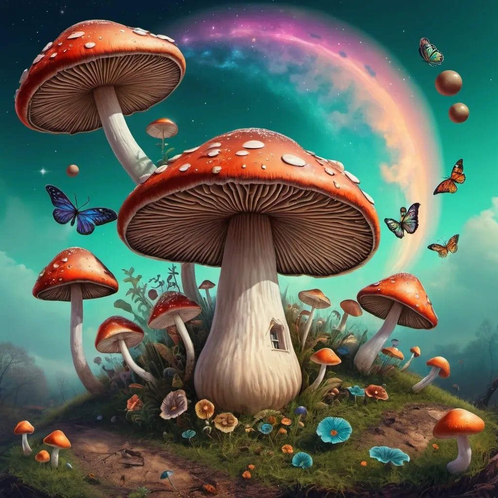 Prompt: a mushroom with a lot of different things around it in the sky and on the ground, all around it, Art Green, psychedelic art, fantasy artwork, digital art