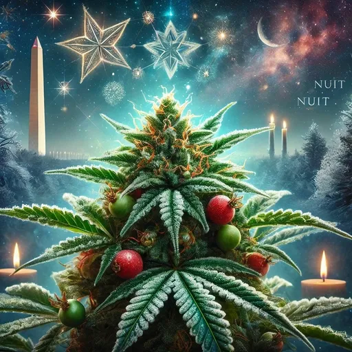 Prompt: a marijuana flowering bud decorated as a christmas tree with candles and a star above it with a snowy landscape in the background and a lit candle with Washington monument