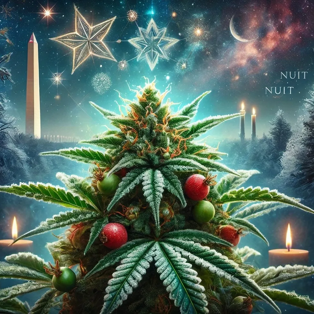 Prompt: a marijuana flowering bud decorated as a christmas tree with candles and a star above it with a snowy landscape in the background and a lit candle with Washington monument