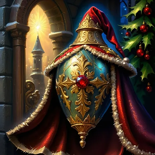 Prompt: An oil on canvas a knight dressed as a santa clause (in honor of Nuit) in a dark city with a light shining on him and a red cape, Ernest William Christmas, antipodeans, epic fantasy character art, concept art