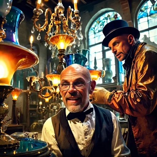 Prompt: (Glass Artisan and Magician), wearing a magical top hat, (constructing magical lights in a stunning chandelier), intricate baroque details, vibrant color scheme, enchanting atmosphere, (workshop setting), immersed in artistry, Murano glass studio in Venice, shimmering glass reflections, dramatic shadows, warm and cool tones, high detail, 4K quality, (capturing the essence of magic and craftsmanship)