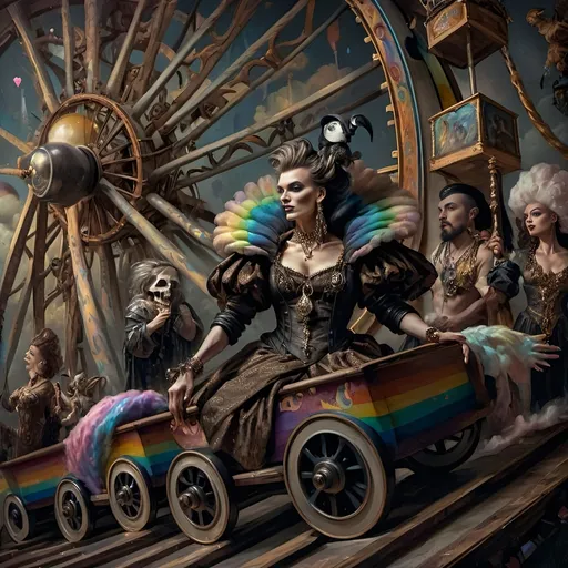 Prompt: (honoring nuit), a mesmerizing painting of colorful drag queens exuding joy and fabulousness while riding a roller coaster, vibrant (rainbow) painted on the side, a whimsical ferris wheel creating a festive atmosphere in the background, whimsical cotton candy clouds, (dynamic movement), warm pastel colors enhancing the lively scene, ultra-detailed, high-quality artwork capturing a celebratory ambiance.