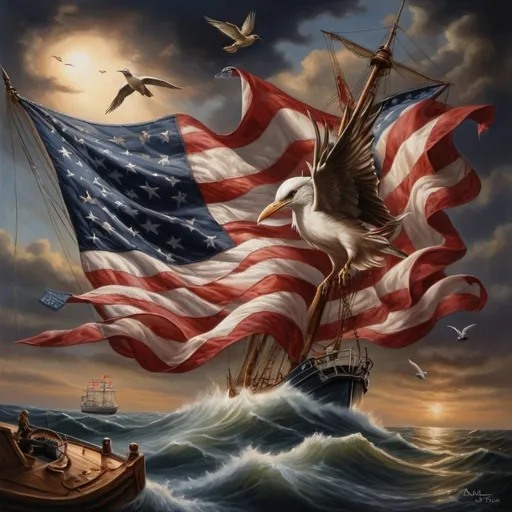 Prompt: a painting of an american flag flying over a boat in the ocean with a bird flying over it and a ship in the background, Anne Stokes, american scene painting, highly detailed oil painting, a fine art painting